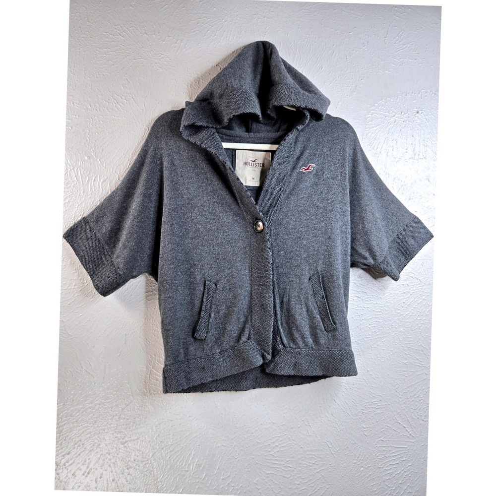 Hollister Short Sleeve Cardigan Shrug Gray Rabbit Hair Hooded Sweater Preppy Y2K